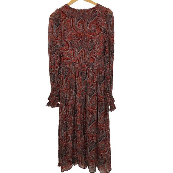 Thurley Golders Dress Paisley Boho Long Balloon Sleeve V-Neck A-Line Midi Red 4 - Picture 7 of 13